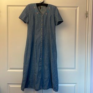 Vintage Denim Midi Jean Dress Cottagecore Prairie Modest Western 90s Floral